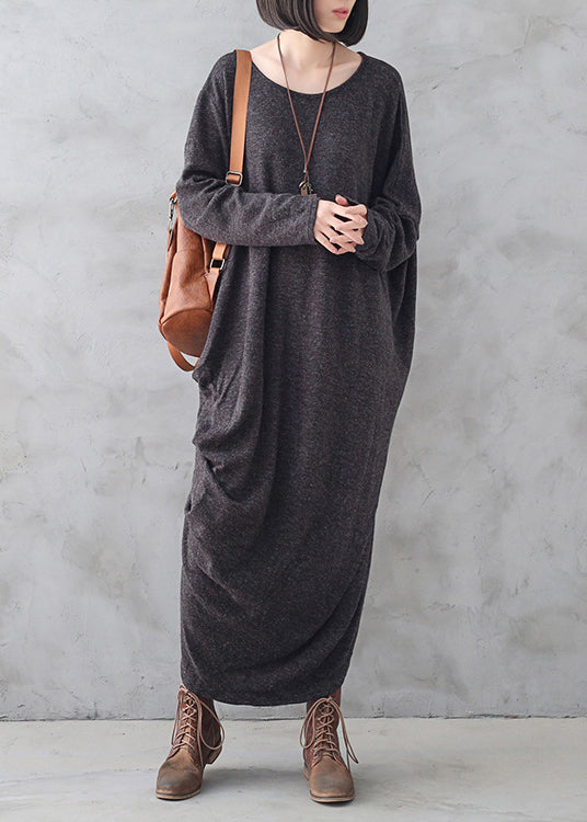 Dark Grey O-neck Asymmetrical Wool Knit Maxi Sweater Dress Fall