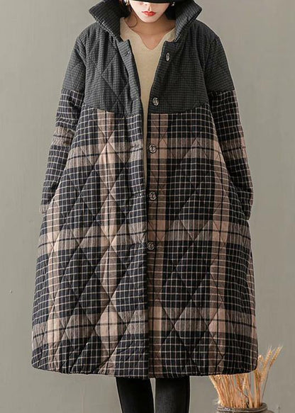 Thick Gray Plaid Coats Clothing Coats Stand Collar Button Down Outwear