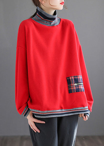 Red Striped Patchwork Warm Fleece Tops Fall