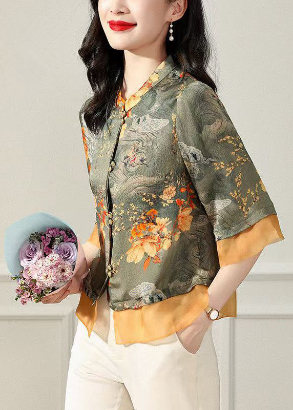 Green Stand Collar Print Silk Tops Bracelet Sleeve