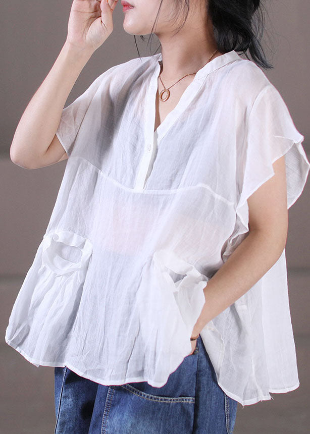 White Patchwork Cotton Linen Tanks V Neck Pockets Color Short Sleeve
