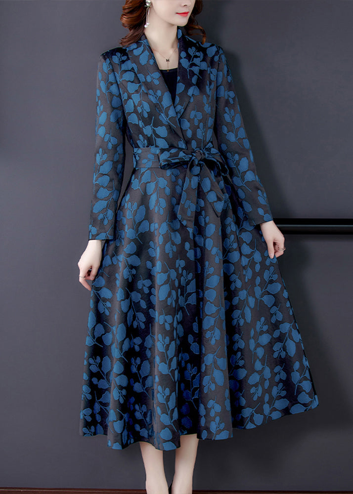 Notched Print Pockets Tie Waist Silk Trench Coats Long Sleeve