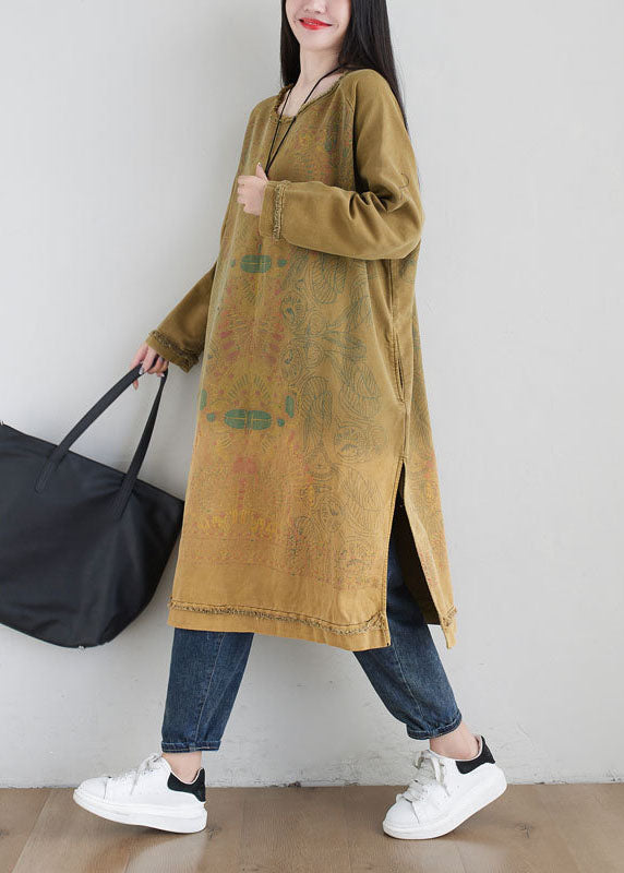 Yellow O Neck Print Side Open Cotton Mid Dress Spring