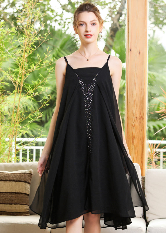 Black Oversized Diamond Chiffon Spaghetti Strap Dress Summer
