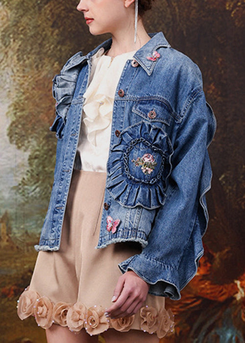 French Blue Embroideried Ruffled Patchwork Denim Coats Spring