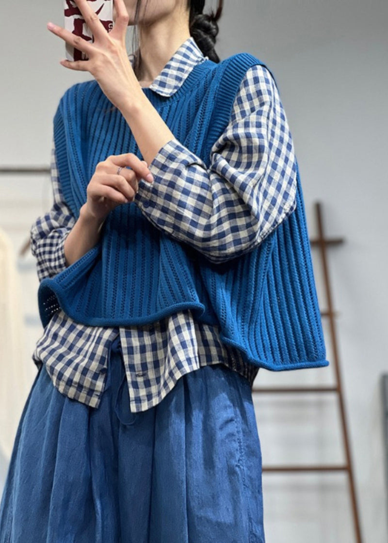 Blue O-neck Oversized Knit Vest Top Spring