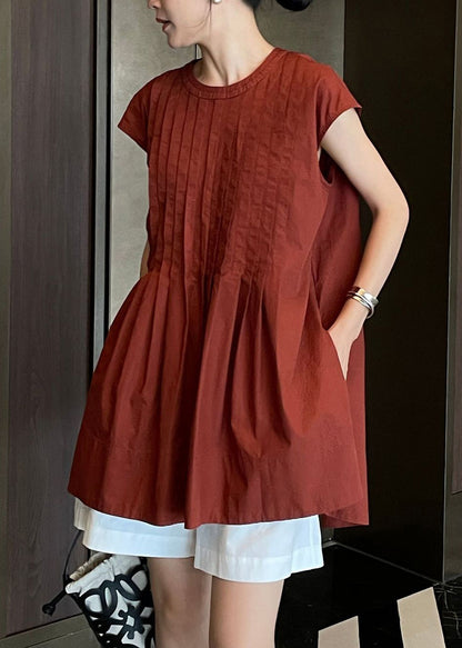 Terracotta Comfortable Fabric Pleated Shirt Sleeveless