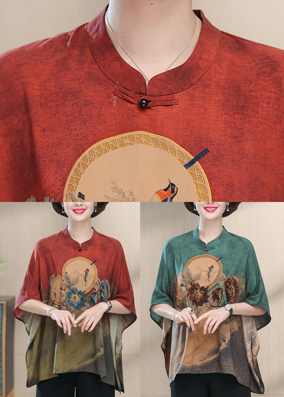 Red O-neck Print Side Open Silk Top Half Sleeve