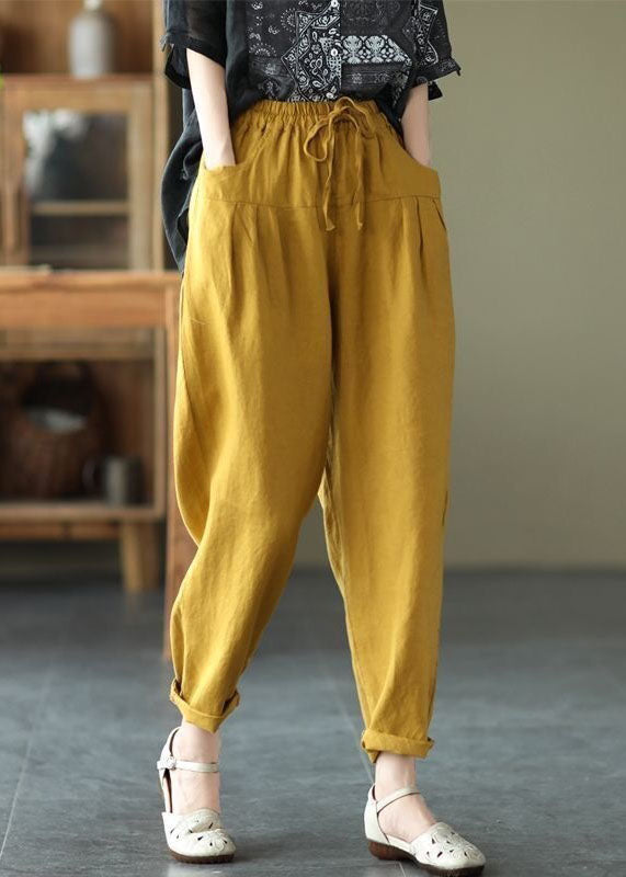 Black Pockets Patchwork Tie Waist Linen Pants Summer