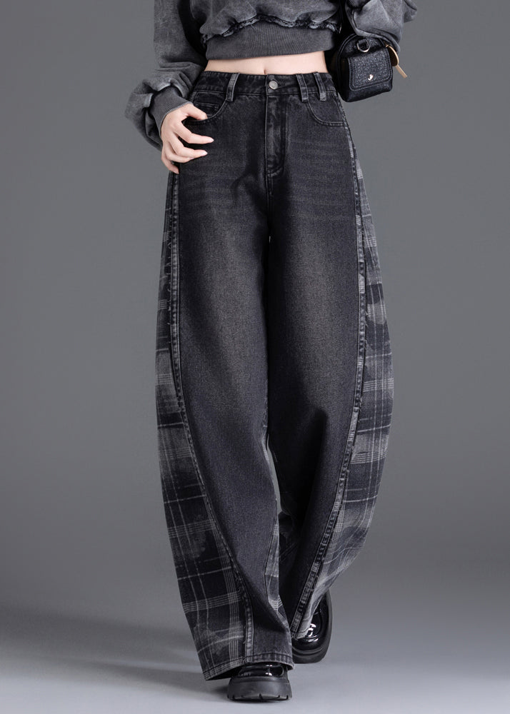 New Black Pockets Plaid Patchwork Warm Fleece Denim Pants Spring