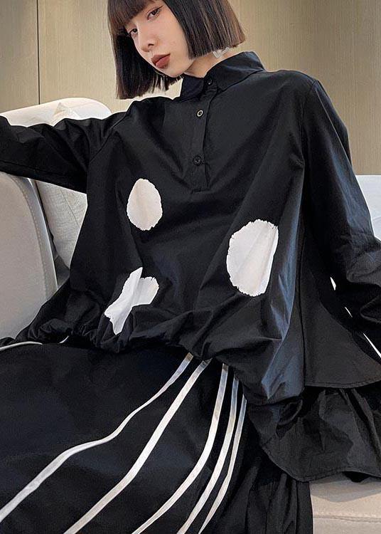Organic Black Dot Cinched Low High Design Cotton Shirt Tops