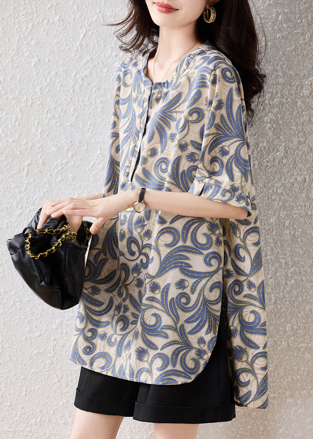 Khaki Oversized Print Cotton Blouses Summer