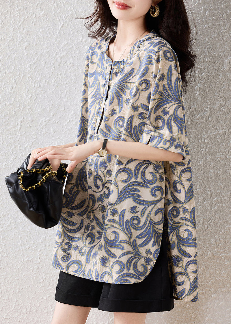Khaki Oversized Print Cotton Blouses Summer