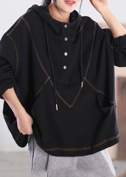 Stylish Black Hooded Pockets Cotton Sweatshirts Top Long Sleeve