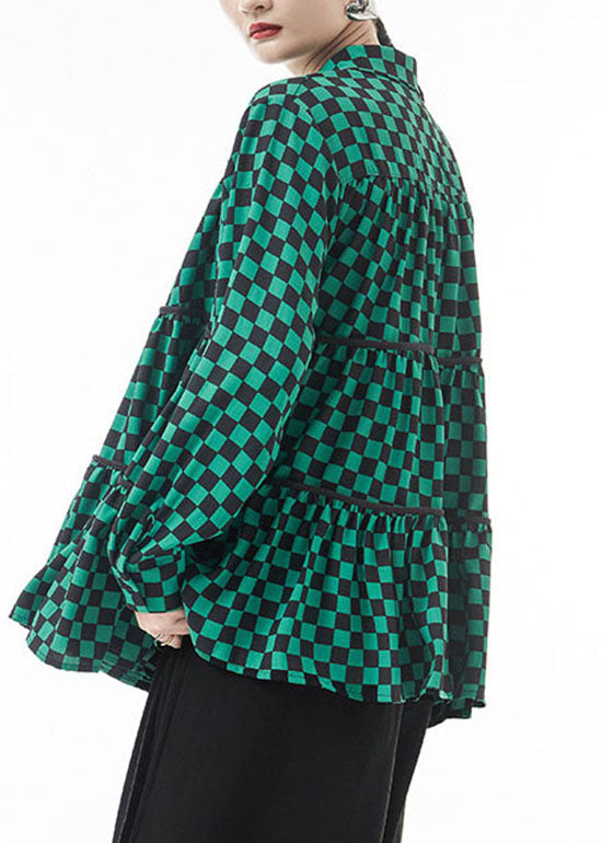 Green Plaid Chiffon Shirt Tops Patchwork Wrinkled Spring