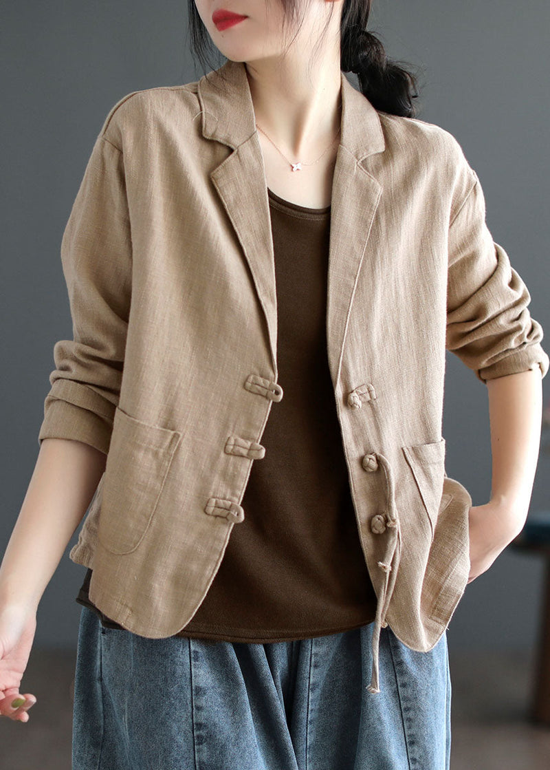 Brown Tasseled Button Pockets Patchwork Linen Coats Fall