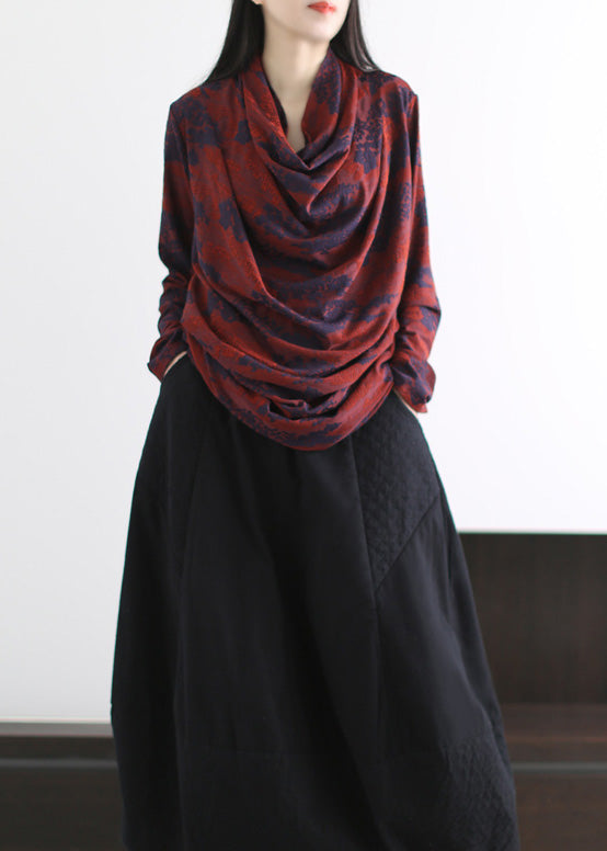 Style Red Turtle Neck Wrinkled Cotton Shirts Spring