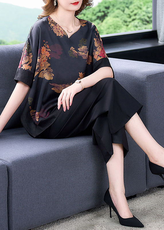 Handmade Black O-neck Asymmetrical Patchwork Print Silk Two Pieces Set Batwing Sleeve
