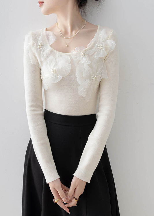 Apricot O Neck Nail Bead Knit Top Spring
