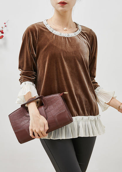 Brown Nail Bead Patchwork Silk Velour Tops Flare Sleeve