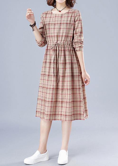 O Neck Drawstring Spring Clothes Ideas Nude Plaid Dresses
