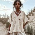 Comstylish Vintage Floral Embroidered Art Cotton Linen Comfy Shirt