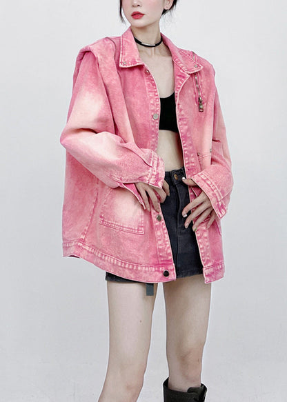 Loose Pink Button Pockets Patchwork Style Denim Coats Fall