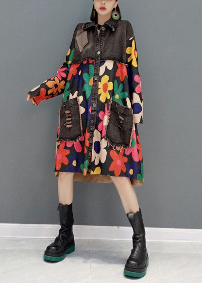 Black Oversized Patchwork Print Cotton Denim Dress Spring
