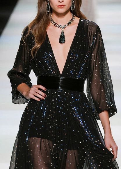 Black Sequins Tunic Tulle Sheer Dresses Summer