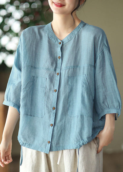 Light Blue Pockets Linen Shirt Tops Color Drawstring Bracelet Sleeve