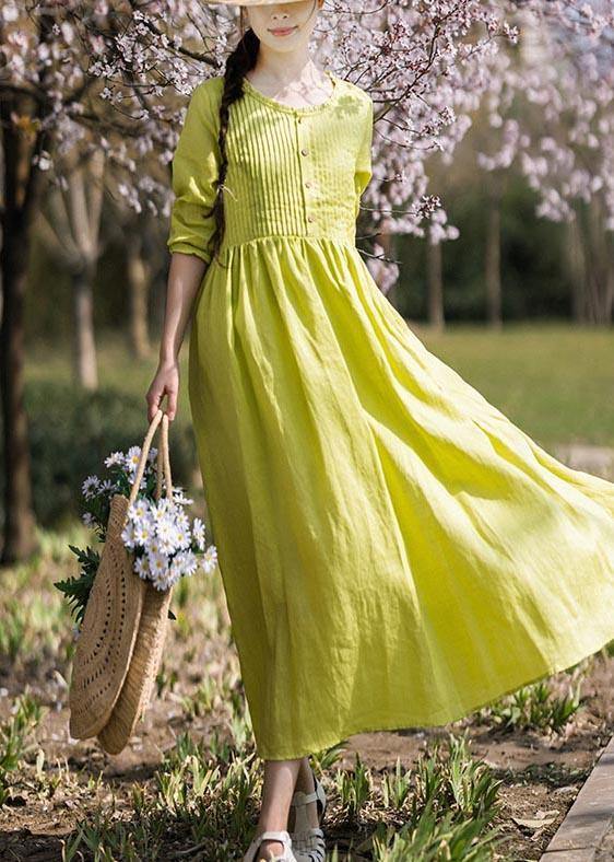 Classy Grass Green Cinched Button Summer Linen Dress