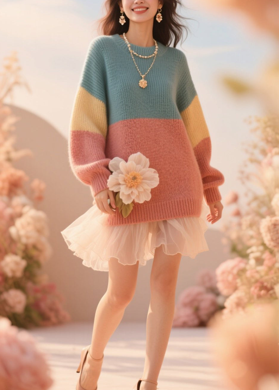 French Colorblock O Neck Knit Sweater Fall