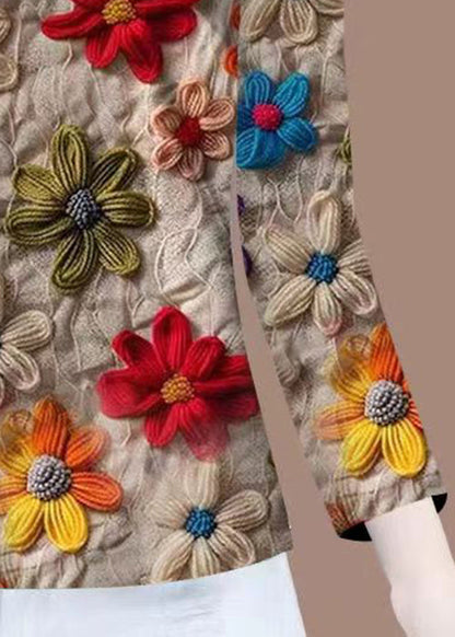 Khaki O Neck Patchwork Cotton T Shirt Fall