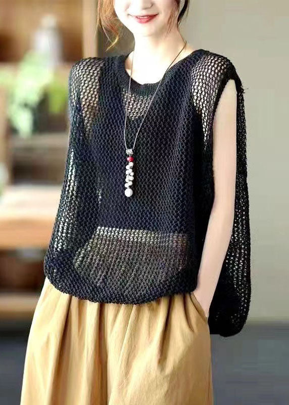 Loose Brown O Neck Hollow Out Knit Vest Sleeveless