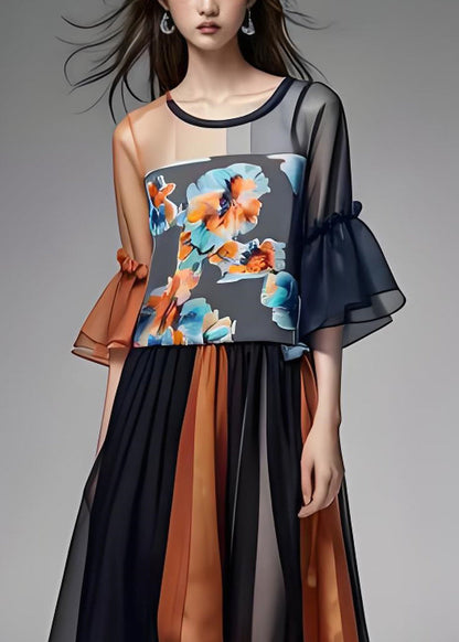 Colorblock Ruffled Organza Patchwork Chiffon Dresses Summer