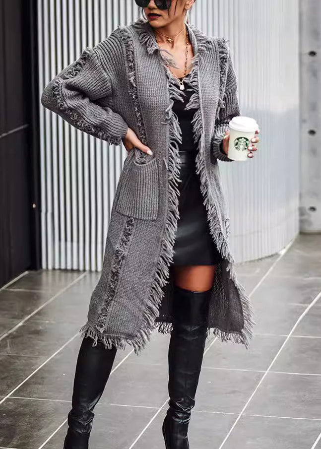 Khaki Pockets Tassel Long Knit Cardigan Spring