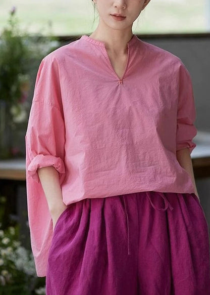 Pink V Neck Side Open Cotton Blouses Fall