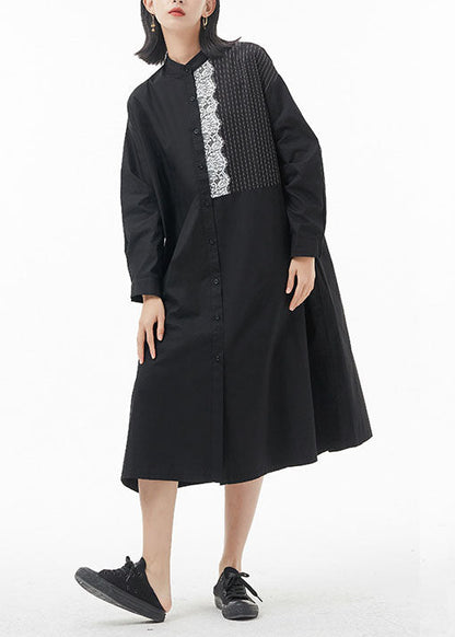 Black Stand Collar Lace Patchwork Shirt Dress Spring