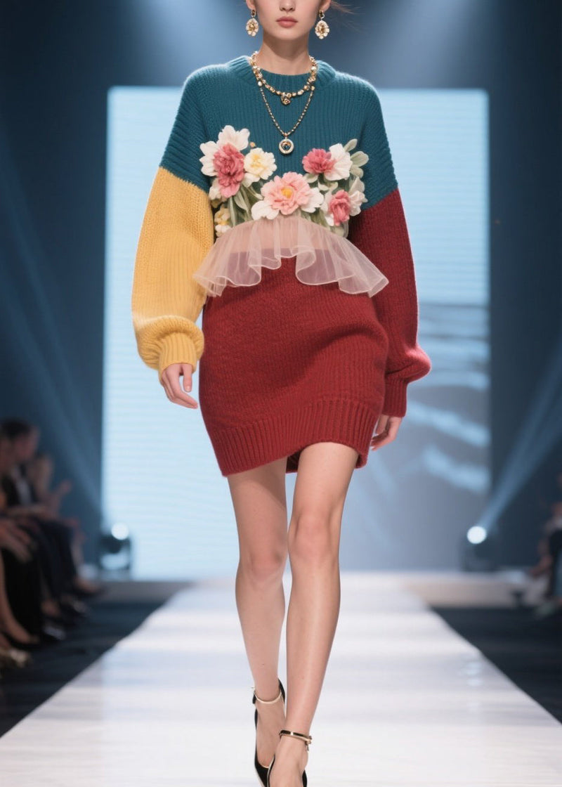 Handmade Colorblock O Neck Ruffled Knit Dress Winter
