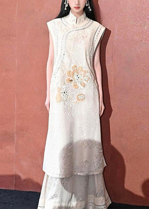 Jacquard Apricot Nail Bead Lace Waistcoat and Skirts Silk Two Piece Set Sleeveless