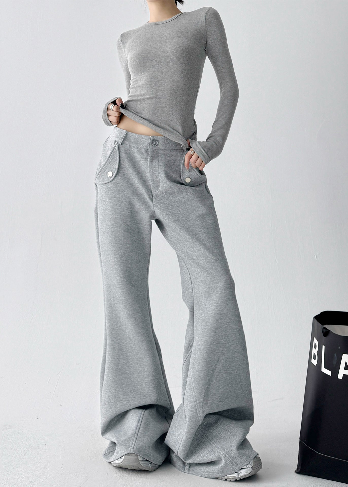 Grey Oversized Cotton Bell-bottom Trousers Fall