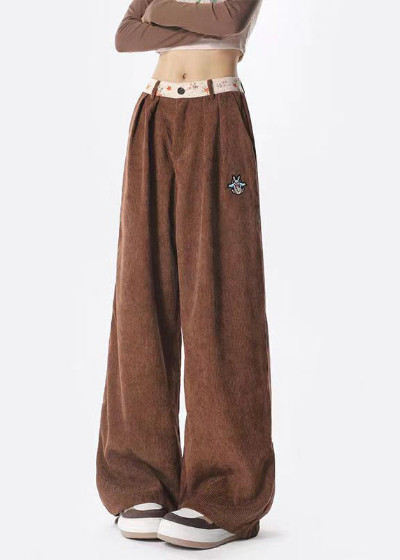 Style Brown Pockets Corduroy Wide Leg Pants Spring