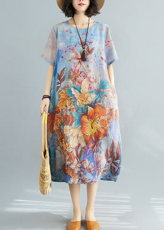 Blue O Neck Print Cotton Dresses Summer