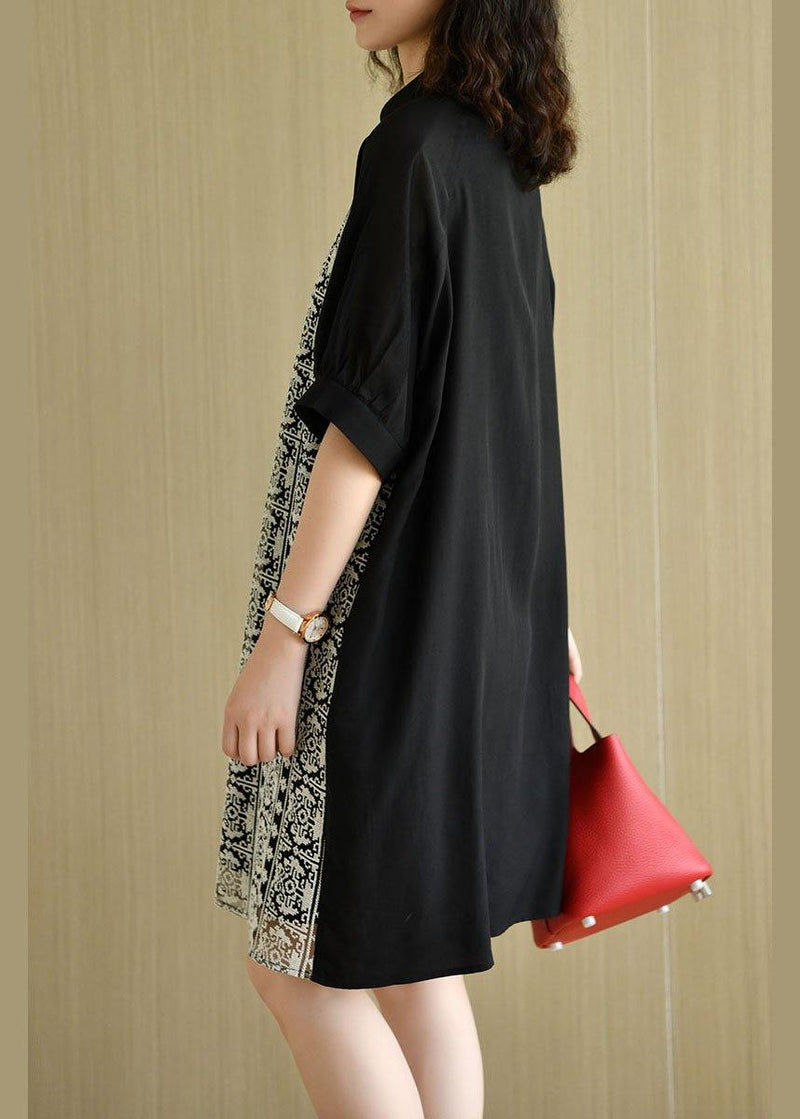Black Peter Pan Collar Button Patchwork Summer Cotton Dresses Half Sleeve