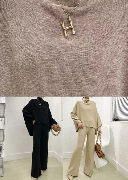 Apricot Tops and Pants Knit Two Pieces Set Hign Neck Batwing Sleeve