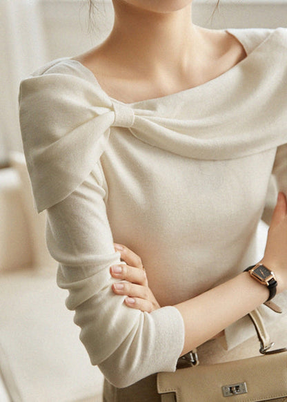 White Square Collar Bow Patchwork Cotton Knit Tops Fall