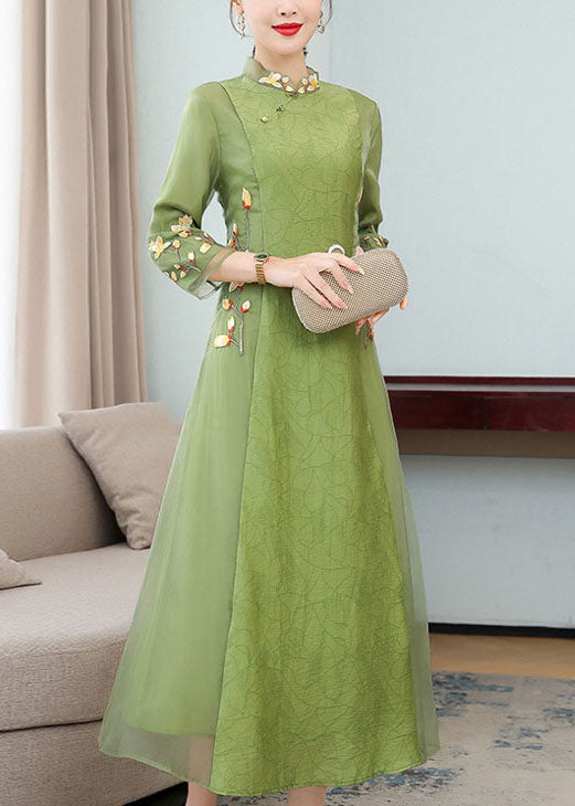 Chinese Style Green Ruffled Embroideried Patchwork Chiffon Dresses Bracelet Sleeve Summer