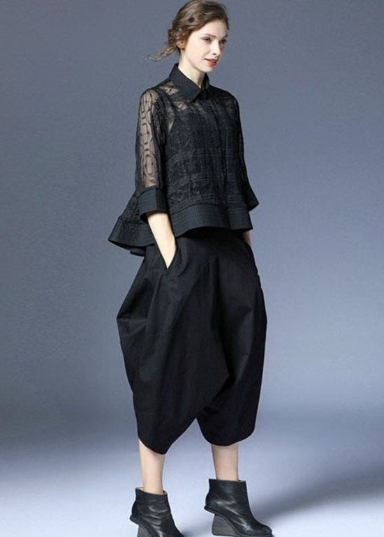 Black Peter Pan Collar Embroideried Tulle Two Pieces Set Summer