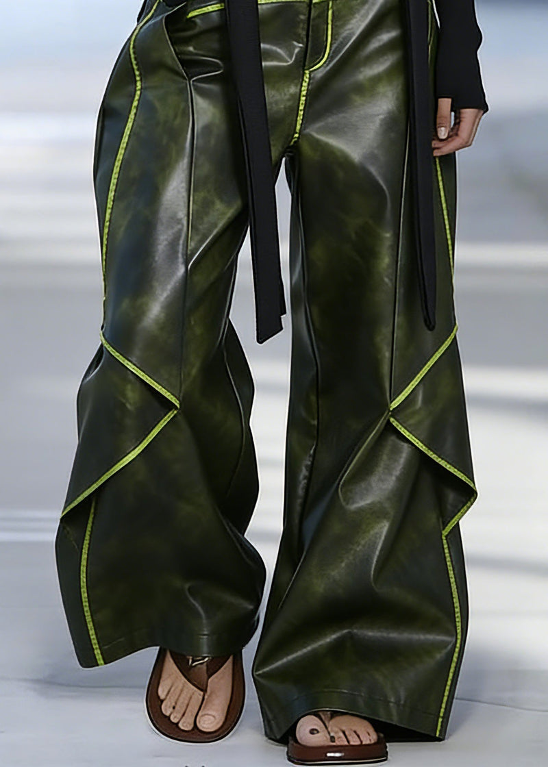 French Green Pockets High Waist Faux Leather Pants Spring