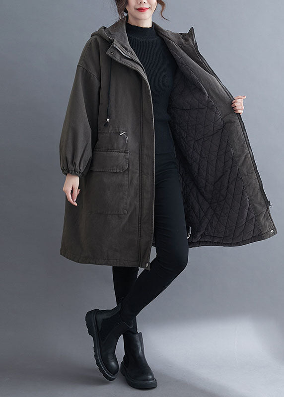 Organic Grey Hooded Zippered Pockets Winter Long Sleeve Coat